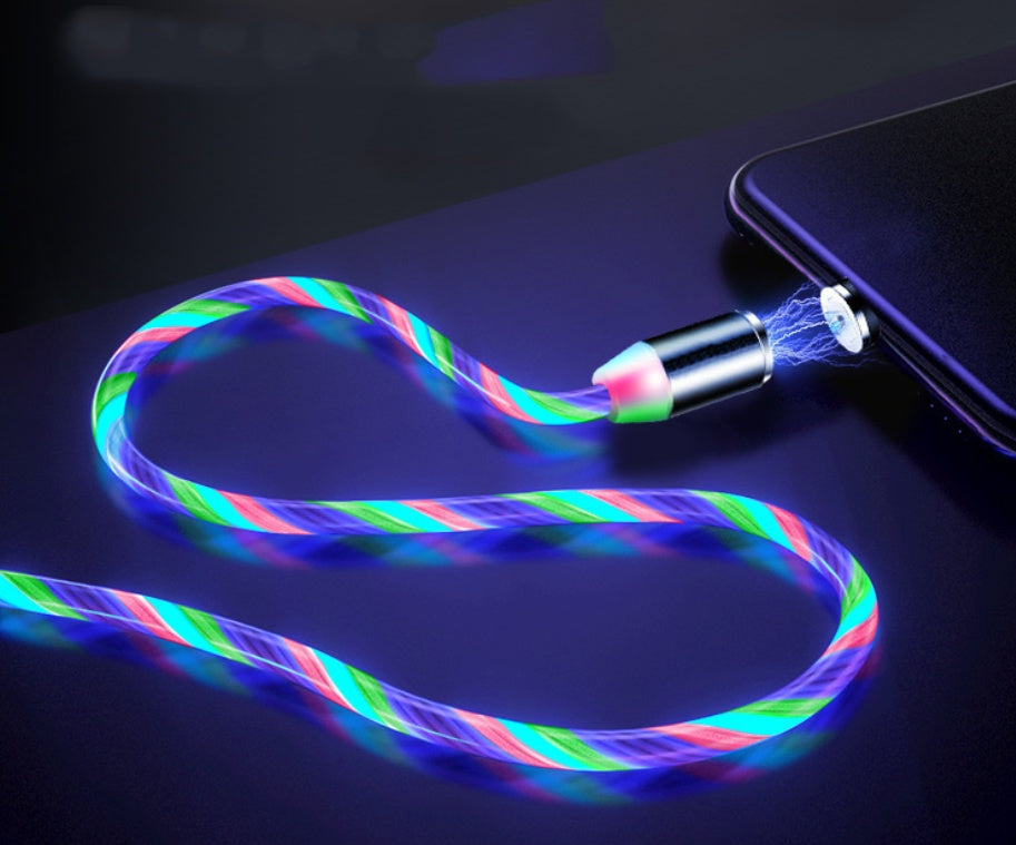 The Gadgets Link Flowing Light Magnetic Streamer Data Line Cable features blue, green, and red neon lights and electric sparks at the connector—perfect as a colorful charging cable compatible with iPhone, Android, and Type-C devices.