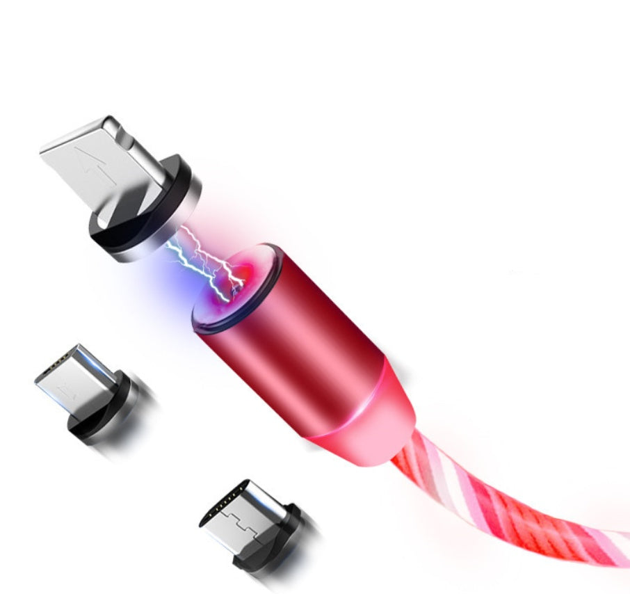 The Gadgets Link Flowing Light Magnetic Streamer Data Line Cable features a glowing red design, three magnetic tips (USB-C, Micro USB, Lightning), and is compatible with Apple iPhone and Android devices for versatile charging.