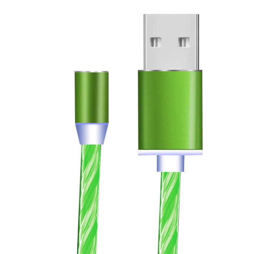 The Gadgets Link Flowing Ligh Magnetic Streamer Data Line Cable, compatible with Apple, Android, and Type-C devices, features a green and white braided cord and metallic connector; USB and device ends shown against a white background.