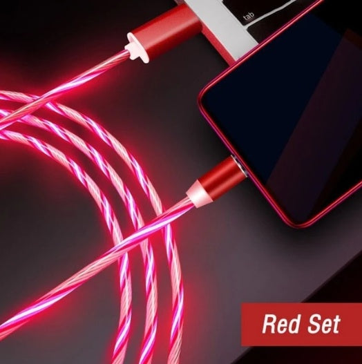 A Gadgets Link Flowing Light Magnetic Streamer Data Line Cable connects a red-cased smartphone to a USB port, with Red Set text shown in the corner. Compatible with Apple, iPhone, Android, and Type-C devices.