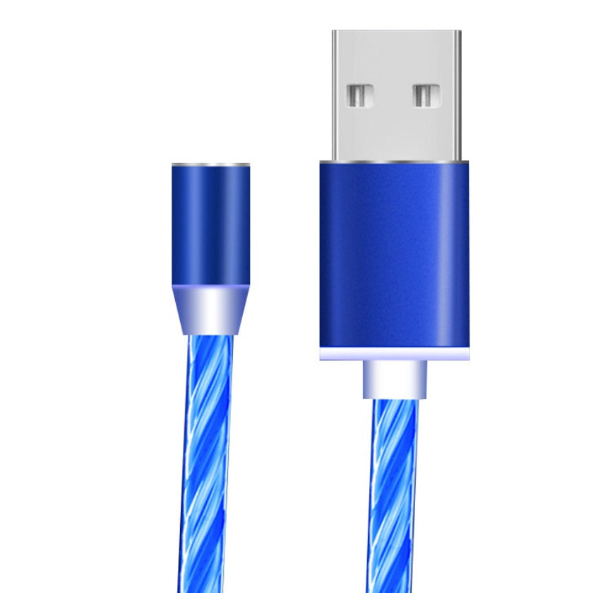 A Gadgets Link Flowing Light Magnetic Streamer Data Line Cable in blue, with braided design and metallic connectors, compatible with Apple iPhone, Android, and Type-C devices. Shown against a white background.