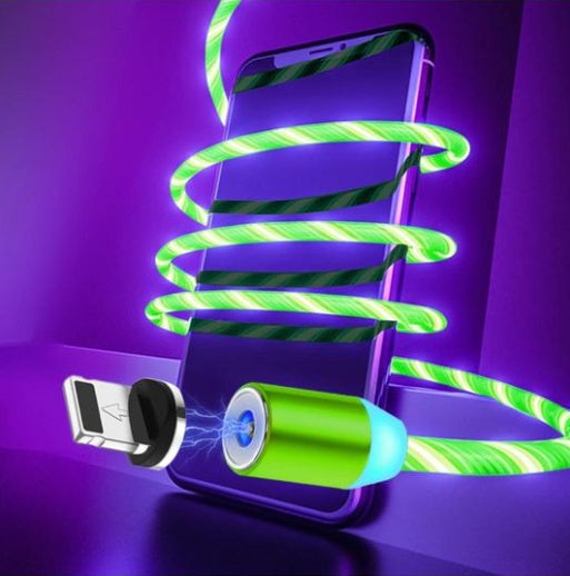 The Gadgets Link Flowing Light Magnetic Streamer Data Line Cable, compatible with Apple, Android, and Type-C devices, features glowing green and purple lights and a USB connector, adding vibrant style to your smartphone setup.