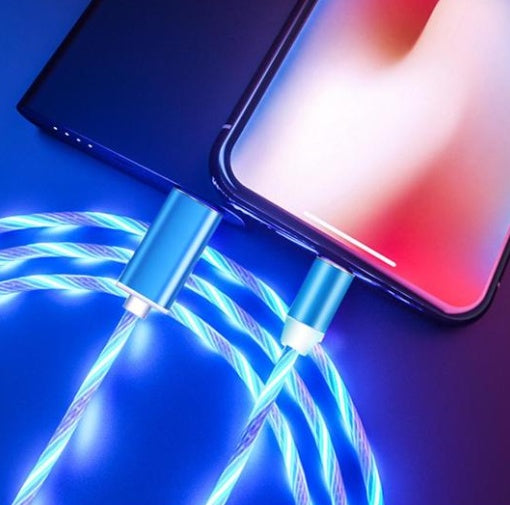 Two Gadgets Link Flowing Light Magnetic Streamer Data Line Cables, compatible with Apple and Android Type-C, connect a smartphone and power bank on a dark surface, creating an eye-catching glowing blue effect.