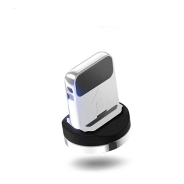 A Gadgets Link Compatible Magnetic Streamer Data Line Cable Adapter for iPhone, Android, and Type-C rests on a round black base, showcased against a white background.