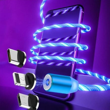 A Gadgets Link Flowing Light Magnetic Streamer Cable, compatible with Apple, Android, and Type-C devices, is coiled around a smartphone. Three magnetic tips—USB-C, micro USB, and Lightning—float nearby on a purple background.