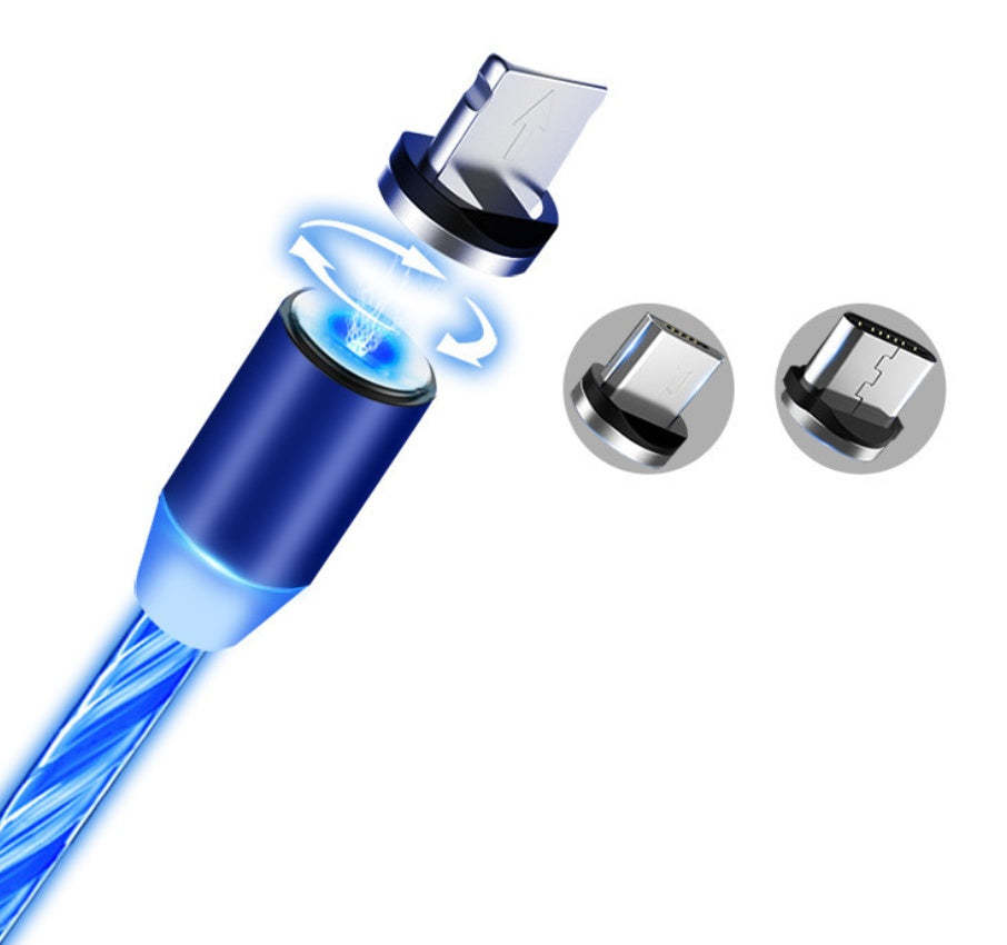The Gadgets Link Flowing Light Magnetic Streamer Data Line Cable features a blue glowing tip, 360° rotating design, and two connectors—micro USB and USB-C—plus iPhone compatibility for versatile charging across Apple and Android devices.