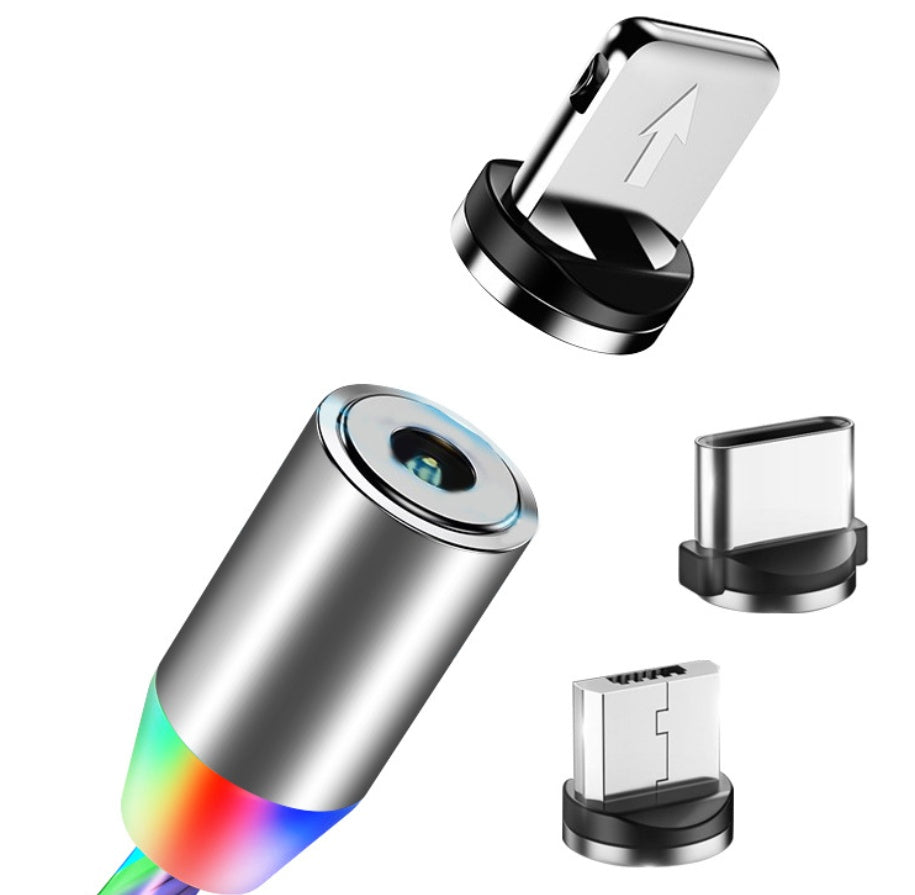 The Gadgets Link Flowing Ligh Magnetic Streamer Data Line Cable, compatible with Apple and Android, features a glowing LED tip and three connector heads—USB-C, micro USB, and Lightning—offering versatile charging for multiple devices.